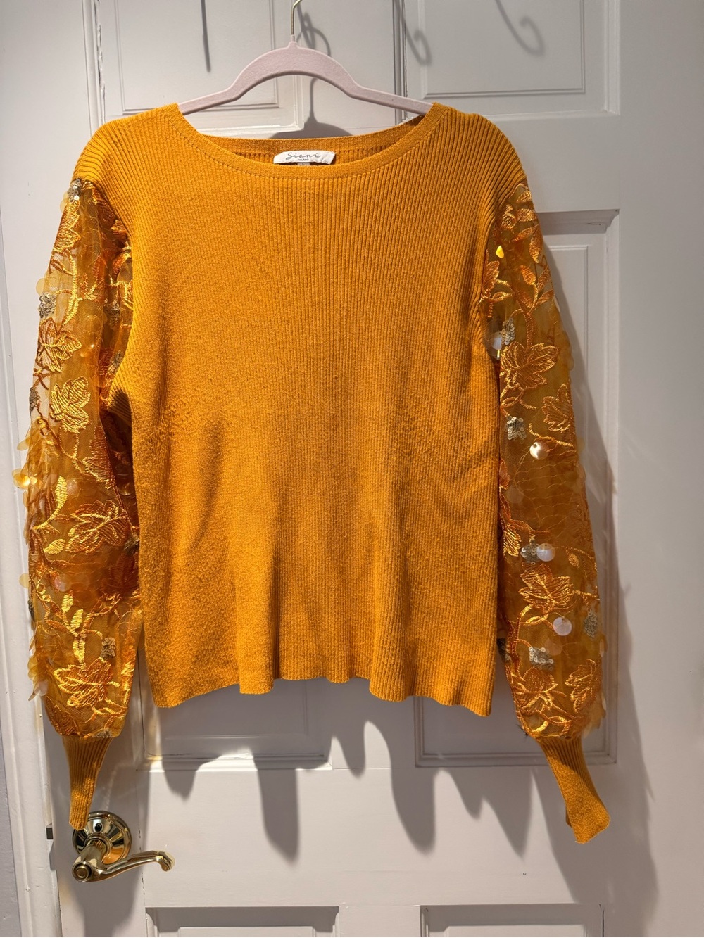 Stunning Golden Yellow Embroidered Sleeve Sweater - Brand: